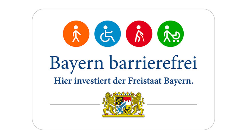 Logo: Signet „Bayern barrierefrei – Hier investiert der Freistaat Bayern.“.