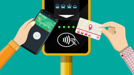 Illustration: Menschen halten Smartphone bzw. Karte an ein digitales Bezahl-Terminal.