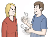 Zeichnung: Zwei Menschen unterhalten sich in Gebärdensprache.
