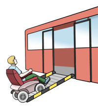 Zeichnung: Ein Mensch im Elektro-Rollstuhl fährt über eine Rampe in einen Bus.