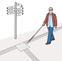 Zeichnung: Ein blinder Mensch folgt mit dem Langstock einem Bodenleitsystem auf der Straße.