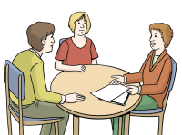 Zeichnung: Drei Menschen sind an einem runden Tisch im Gespräch.