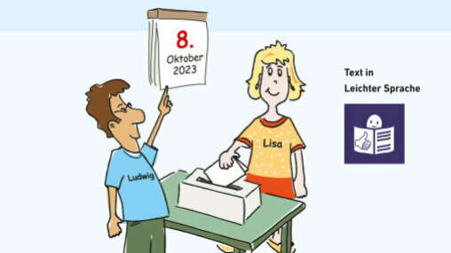 Illustration von zwei Personen: Lisa steckt einen Wahlzettel in die Urne, Ludwig zeigt auf ein Kalenderblatt mit Datum 8. Oktober 2023.