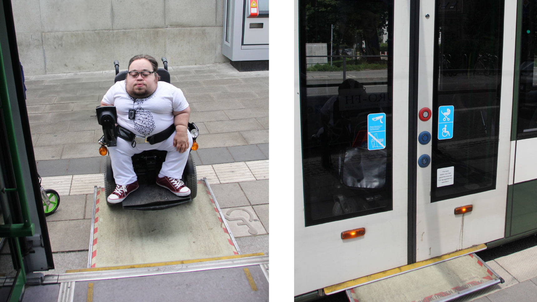 Bild 1: Blick aus dem Abteil einer Straßenbahn: Benedikt Lika mit seinem Rollstuhl auf einer Rampe, die ins Abteil führt. Bild 2: Die Straßenbahn von außen, mit geschlossenen Türen.