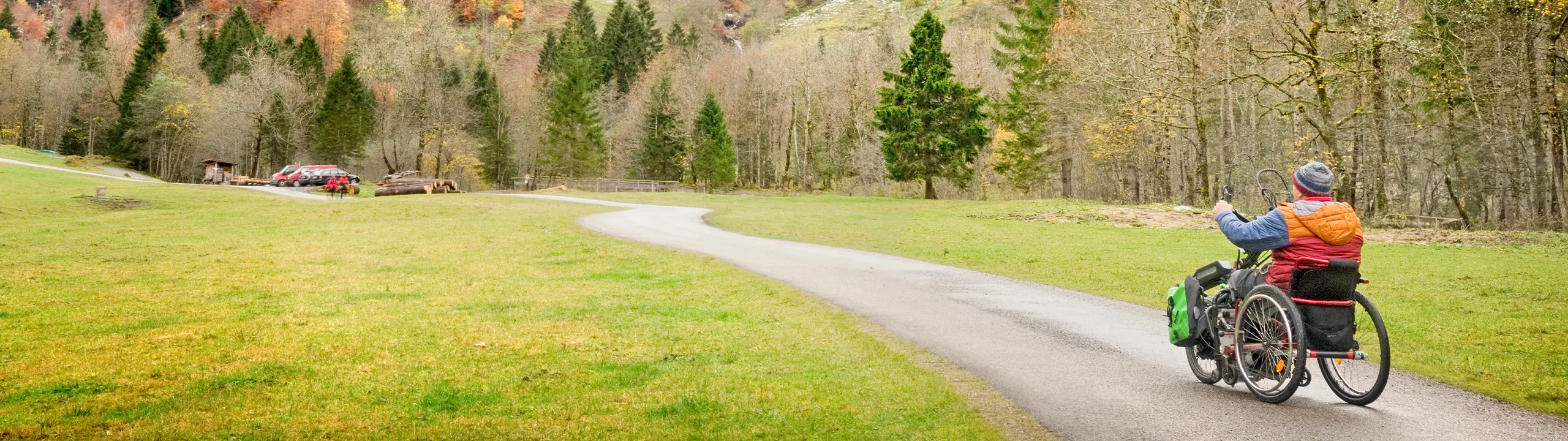 Ein Rollstuhlfahrer fährt auf einem Landweg.